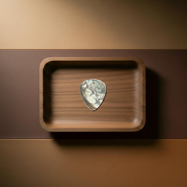 Natural white mother of pearl guitar pick with iridescent finish in a display tray.