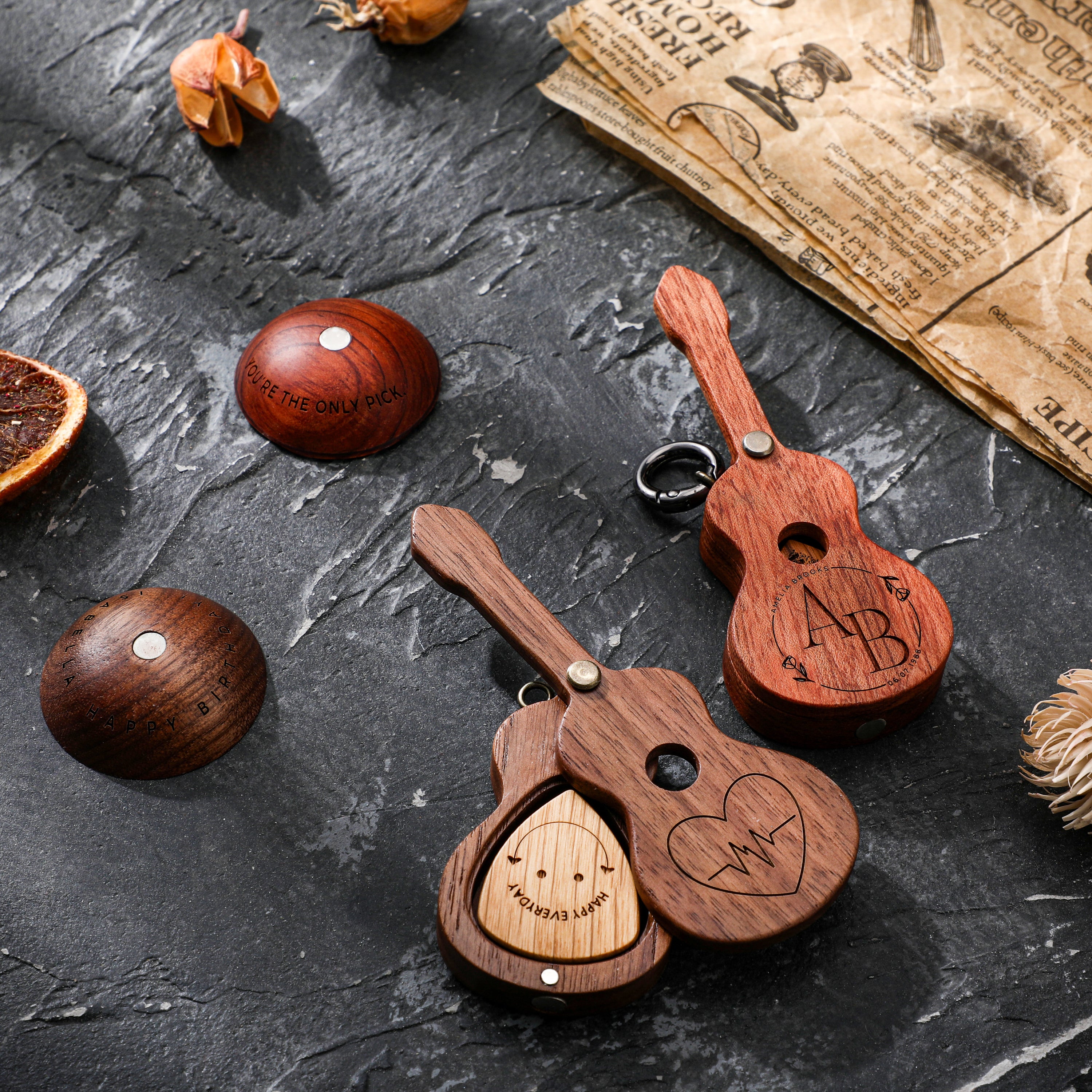 Wooden Guitar Pick Case with Magnetic Stand