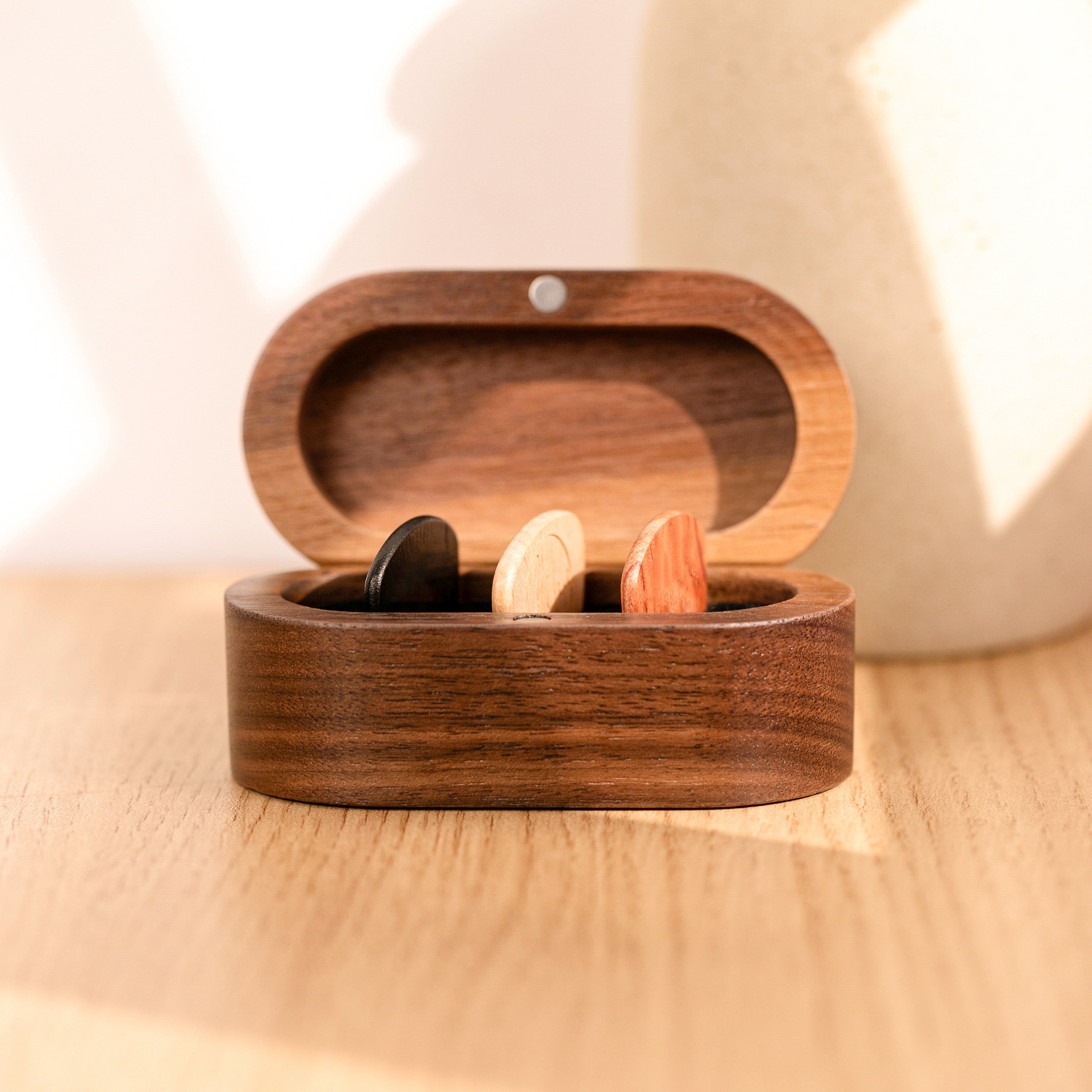 Oval Wooden Guitar Pick Storage Case