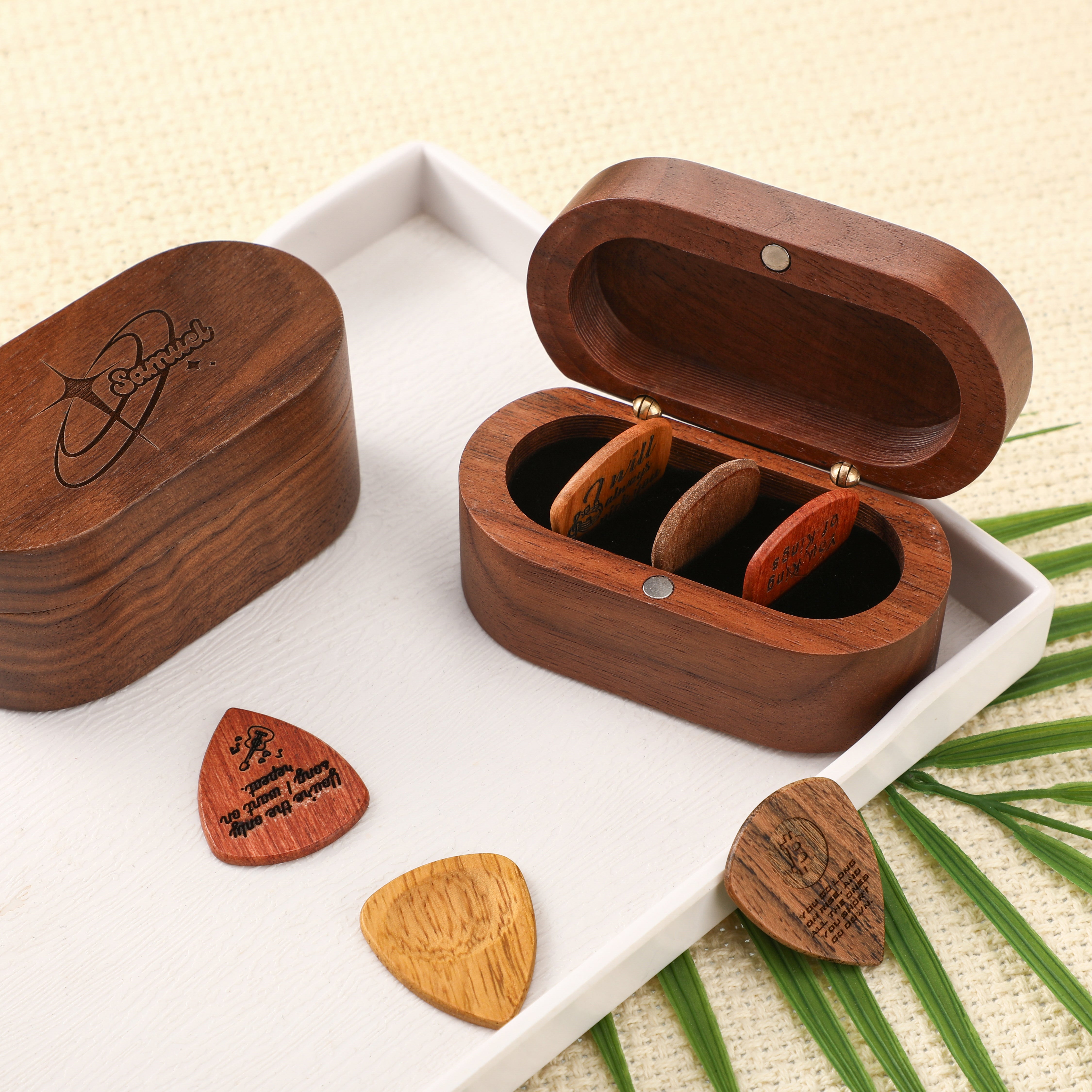 Oval Wooden Guitar Pick Storage Case