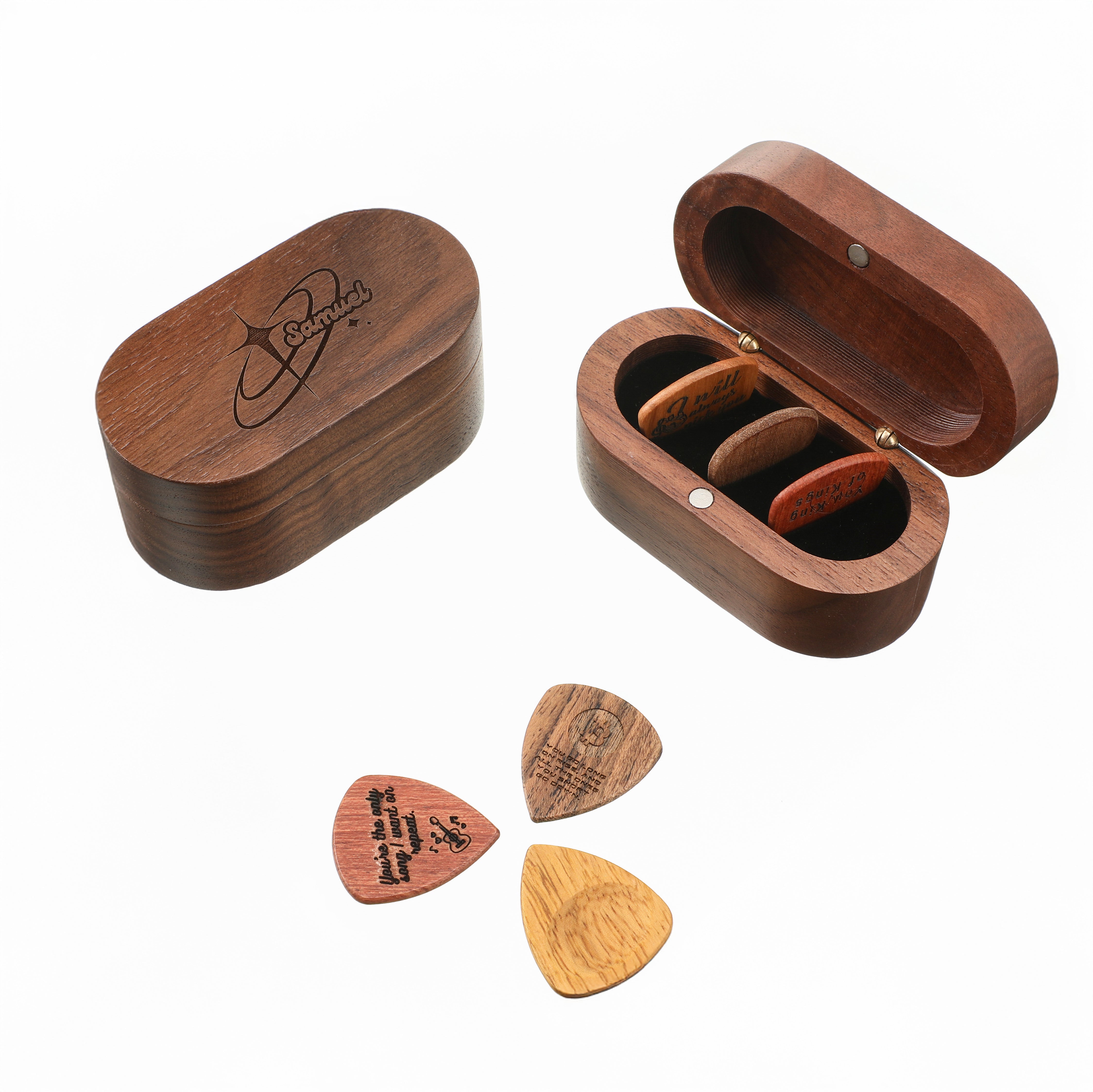 Oval Wooden Guitar Pick Storage Case