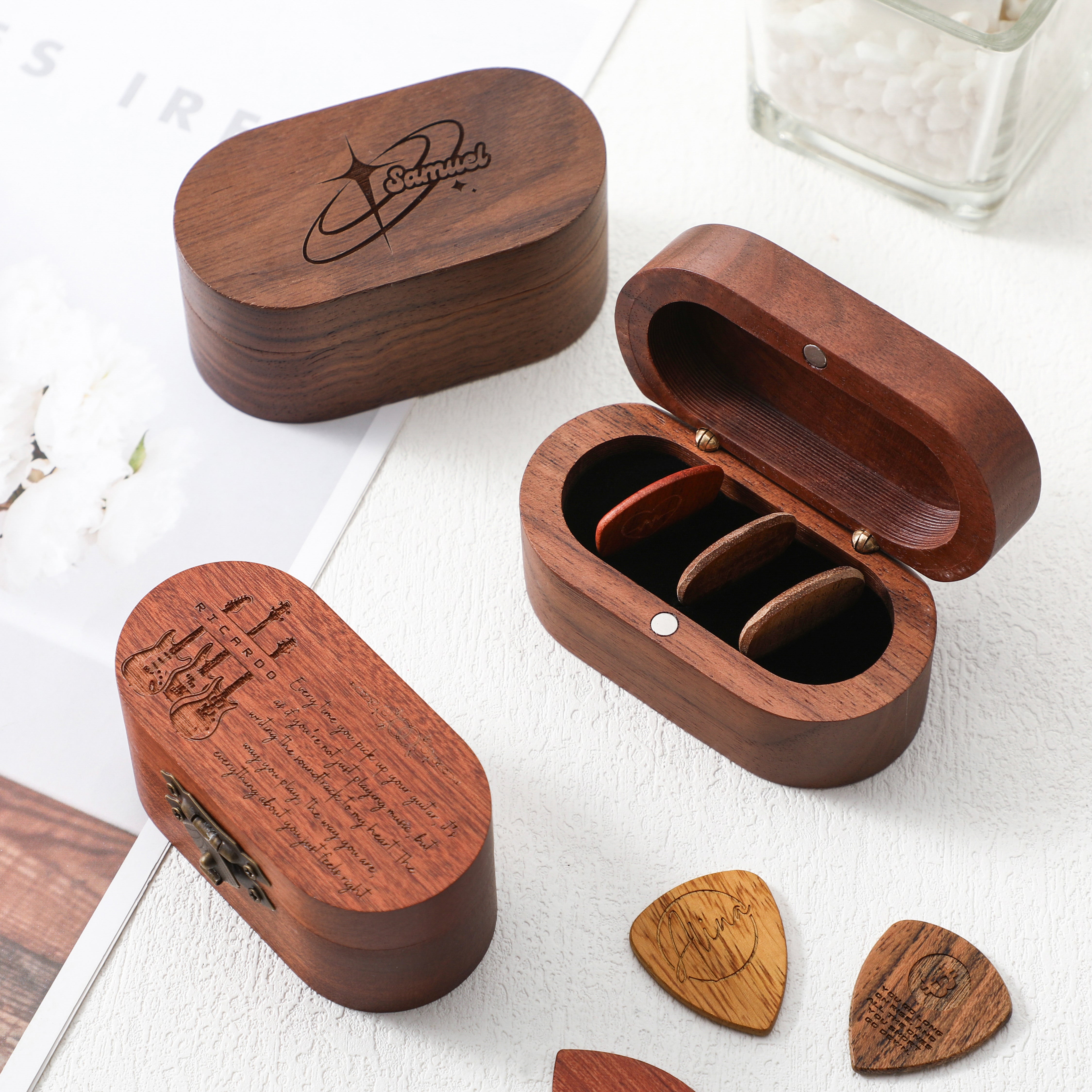 Oval Wooden Guitar Pick Storage Case