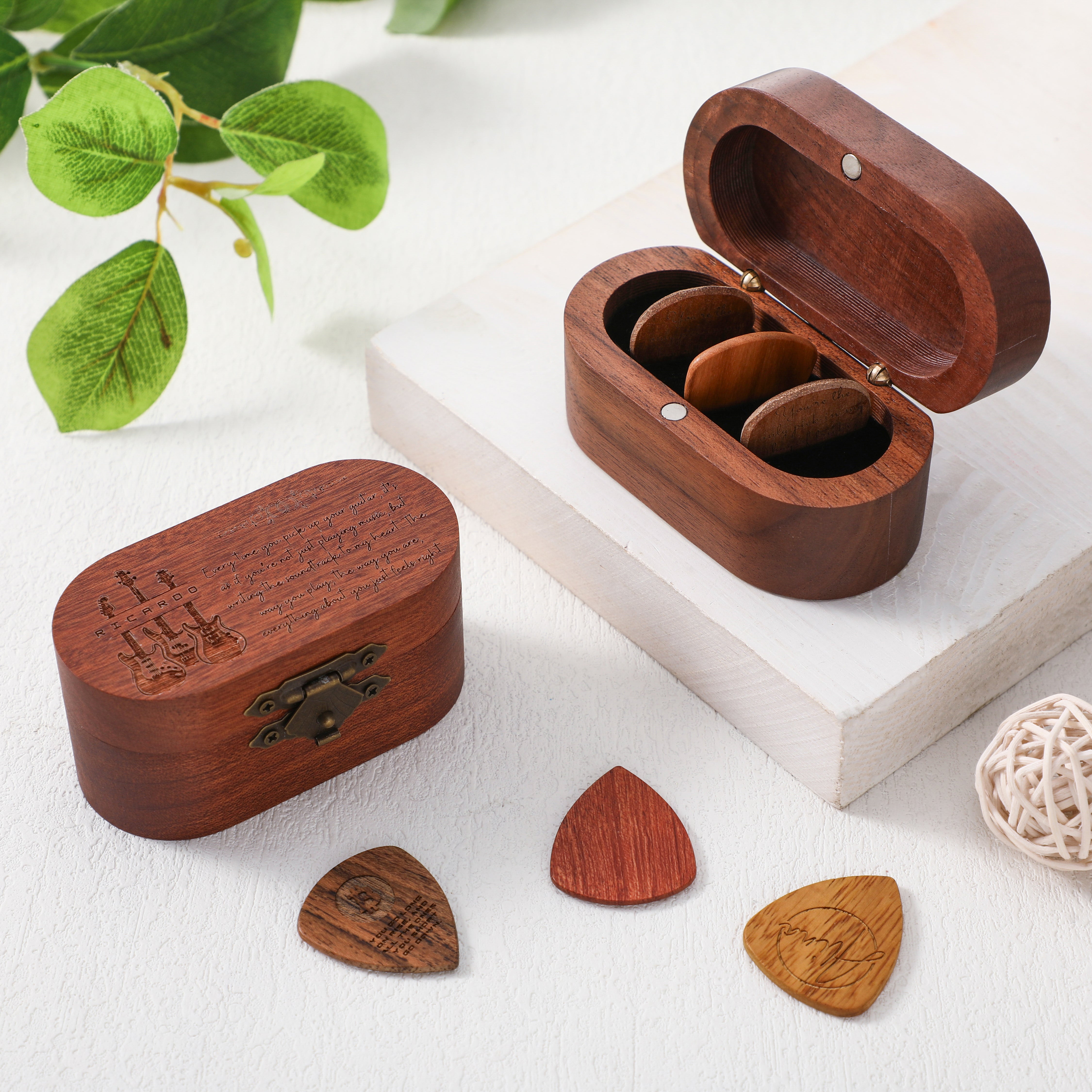 Oval Wooden Guitar Pick Storage Case