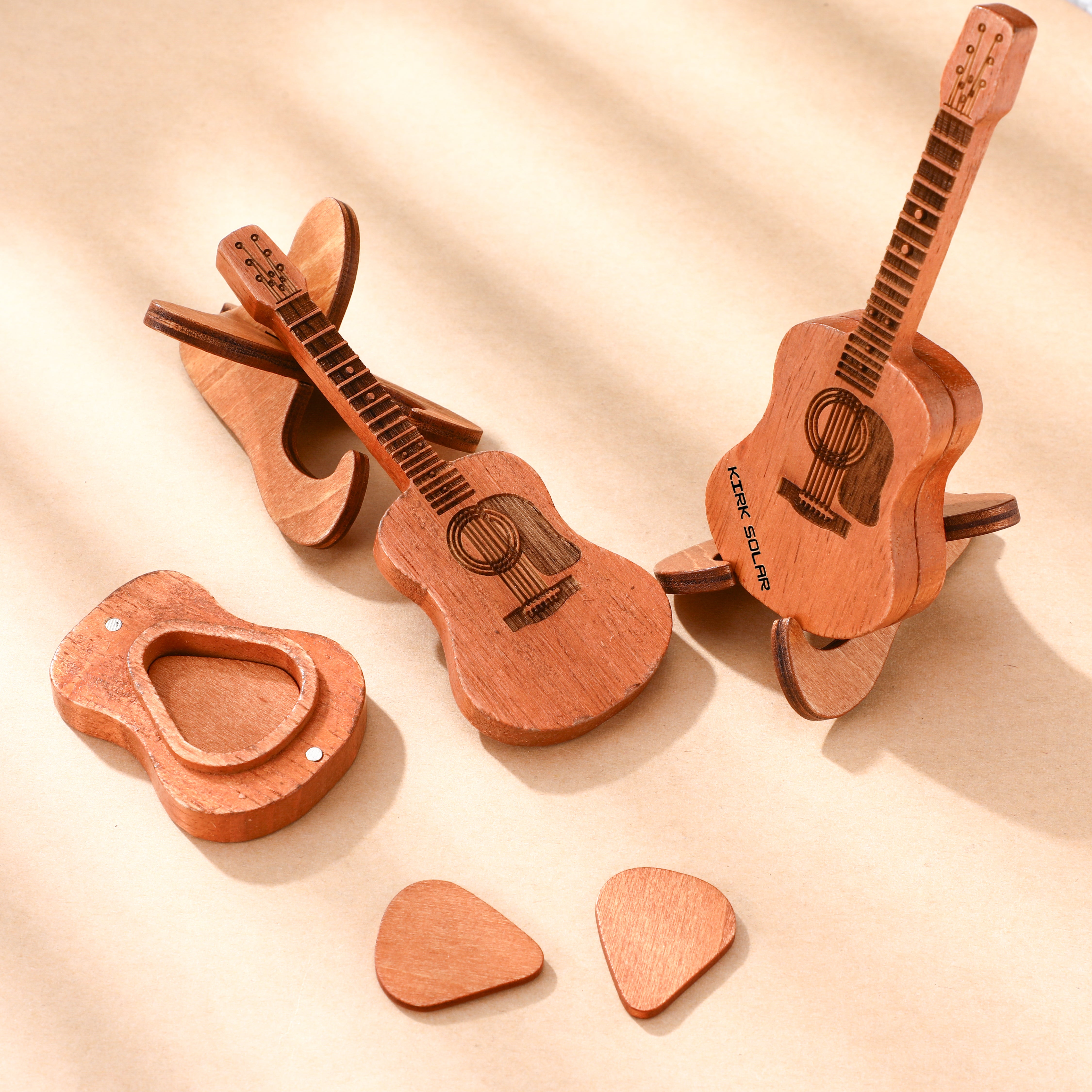 Wooden Guitar Pick Case with Stand
