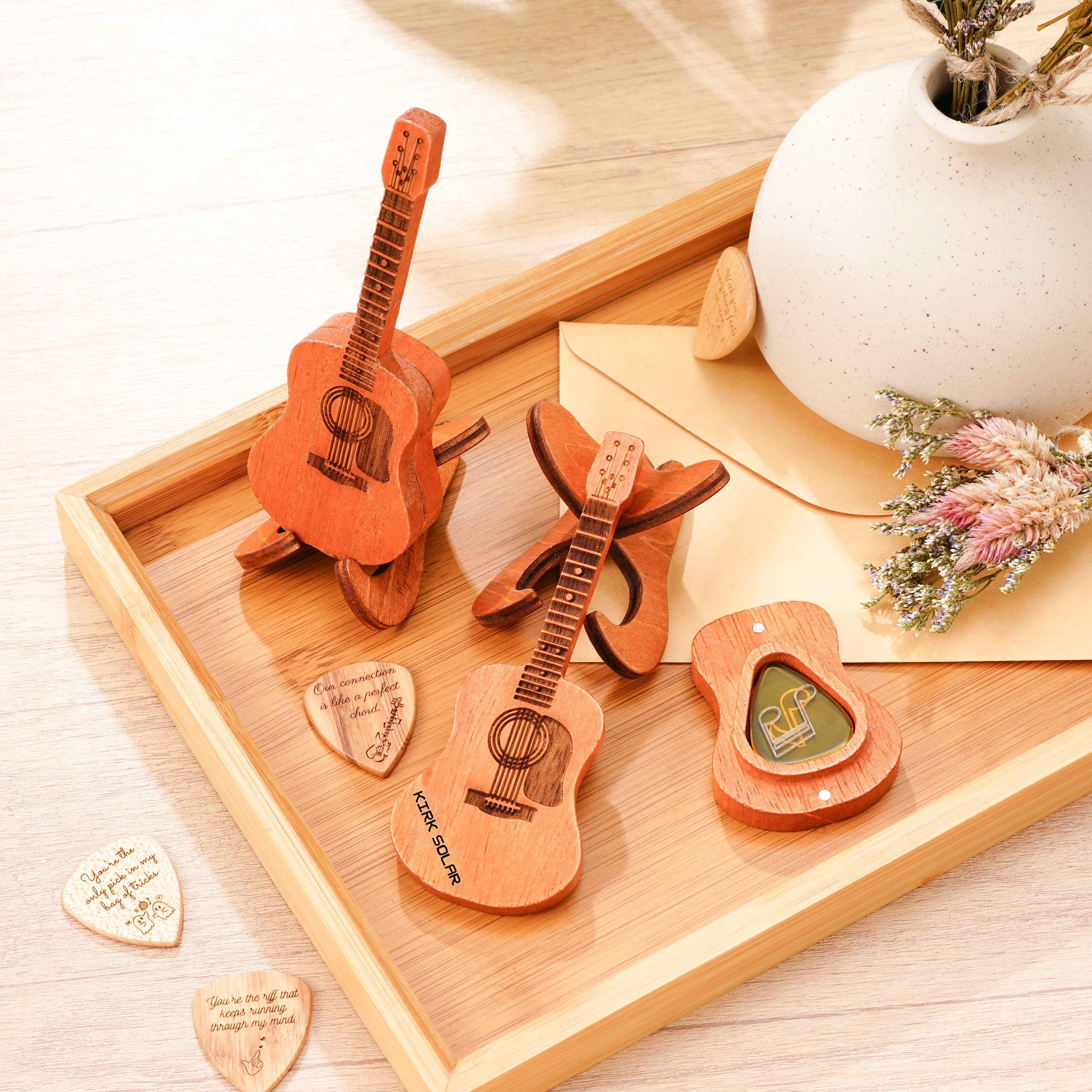 Wooden Guitar Pick Case with Stand
