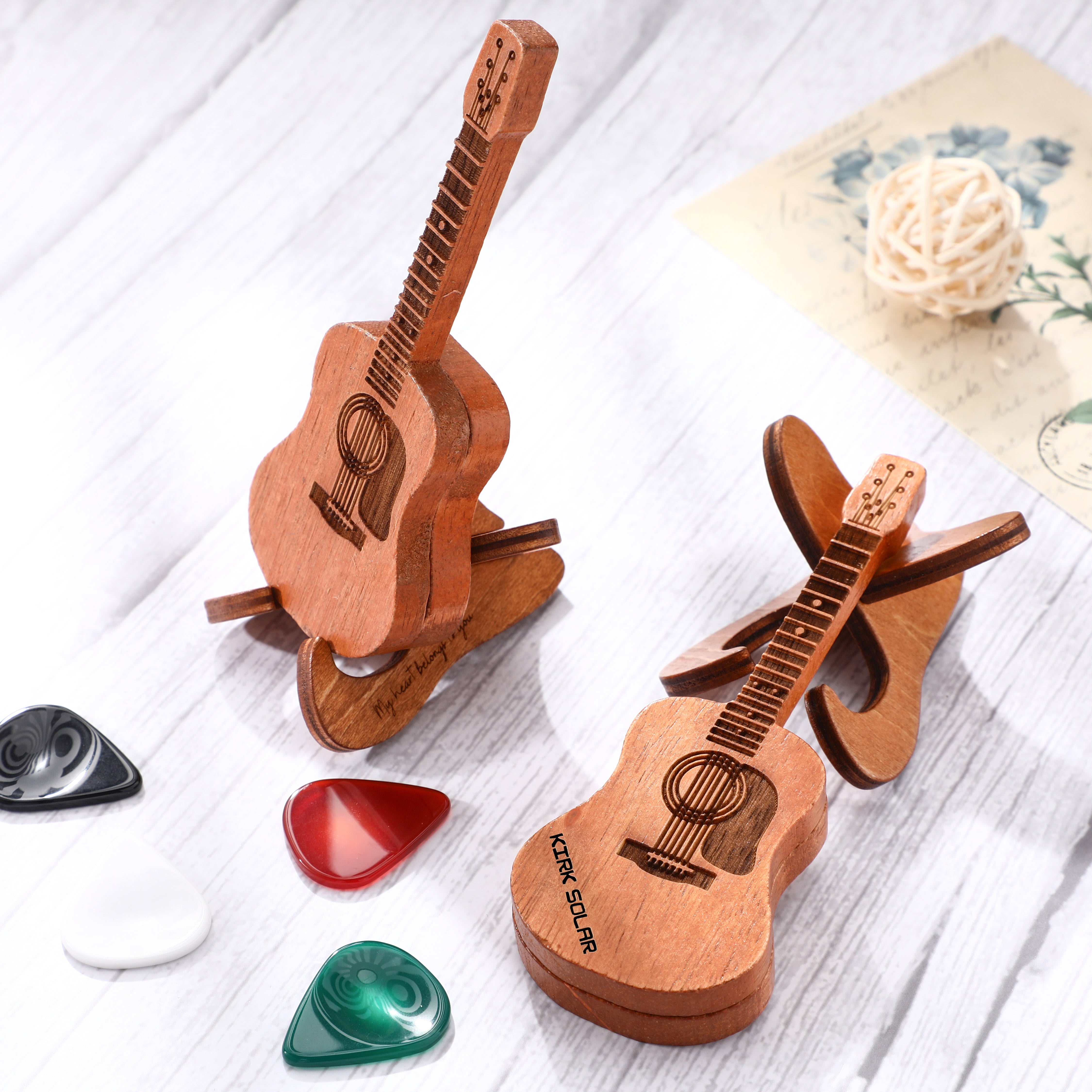 Wooden Guitar Pick Case with Stand