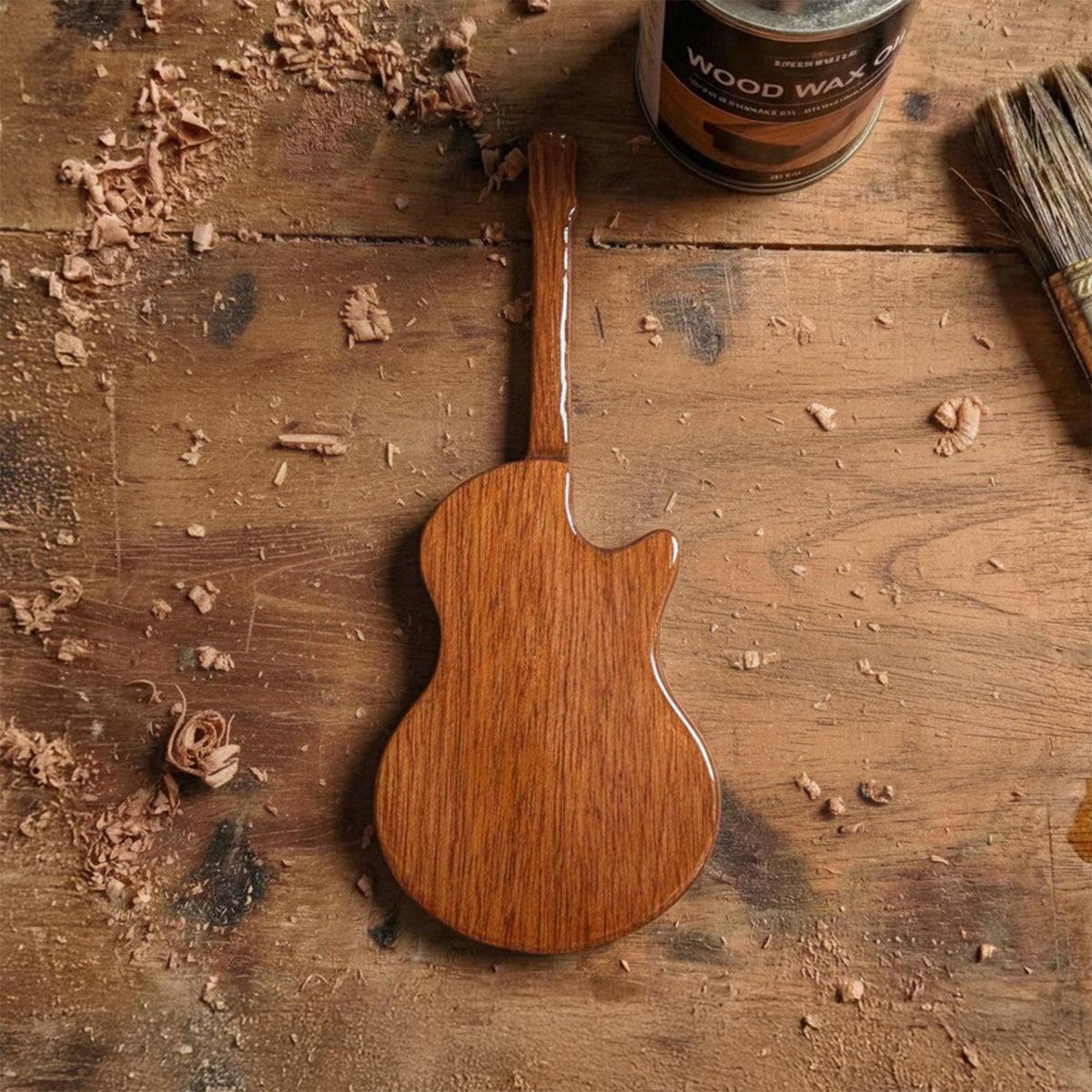 Full guitar shaped wooden pick case, including neck and headstock, dark wood finish, gift for guitarists.