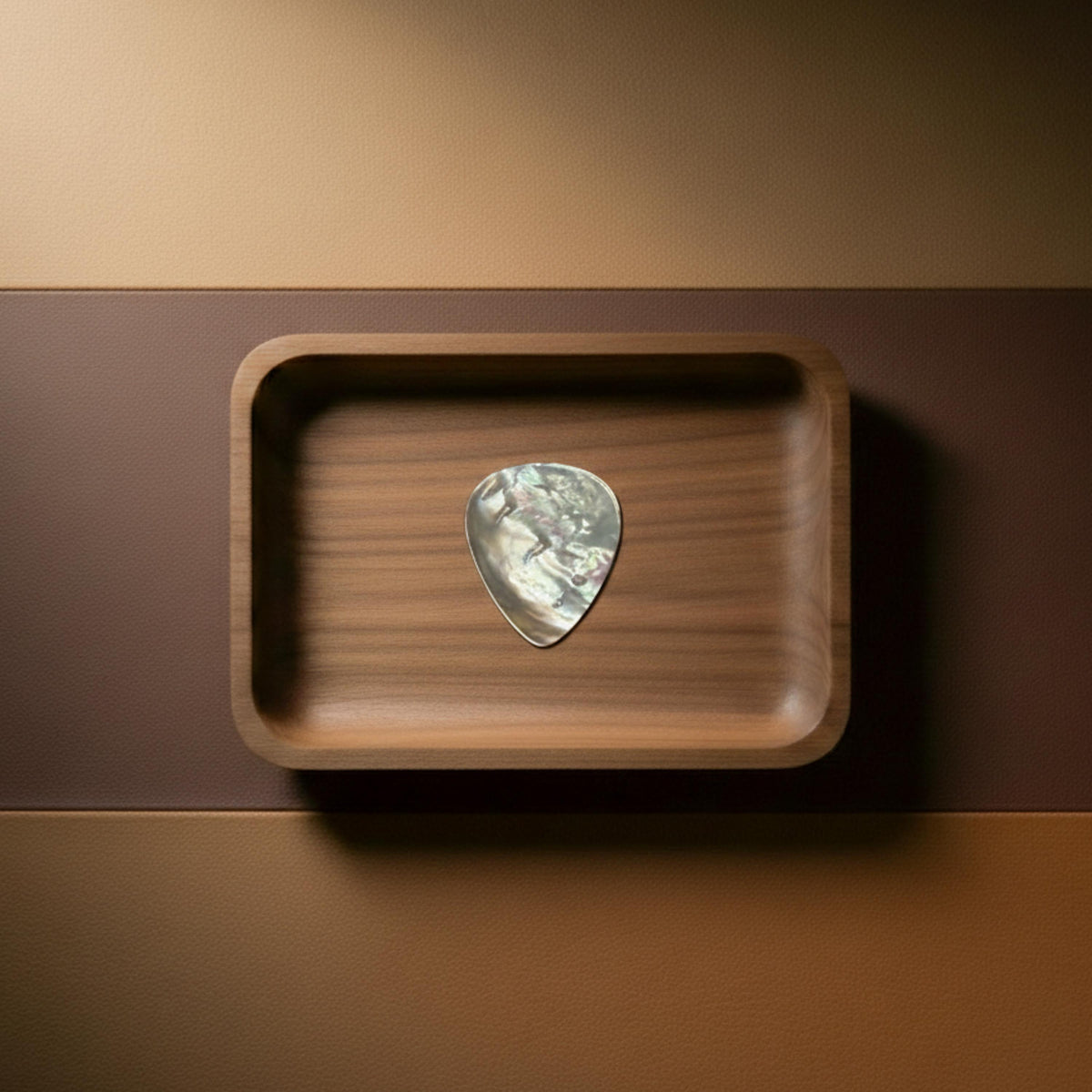 Natural white mother of pearl guitar pick with iridescent finish in a display tray.